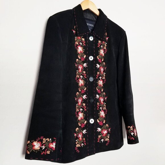 Bernardo Women's XL Suede Genuine Leather Floral Embroidered Jacket Coat Black - Picture 15 of 16